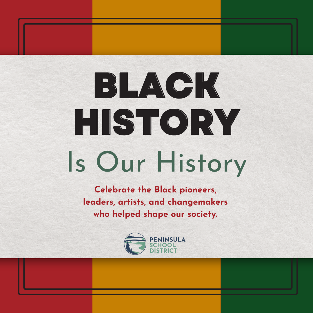 A graphic with red, yellow, and green stripes reads 'Black History Is Our History' and encourages celebrating Black pioneers, leaders, artists, and changemakers.