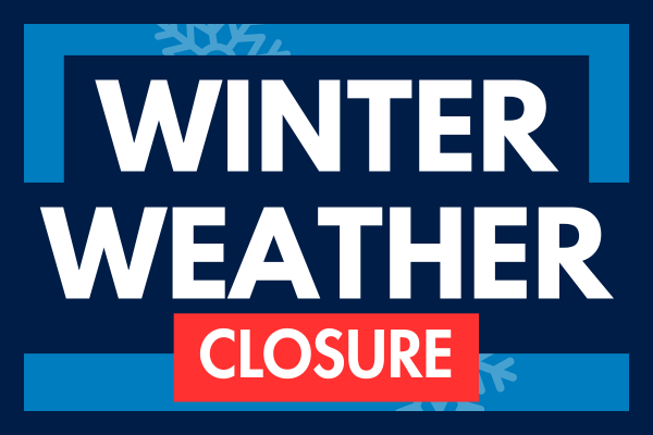 A blue and red sign with white text that reads 'Winter Weather Closure' with snowflake designs.