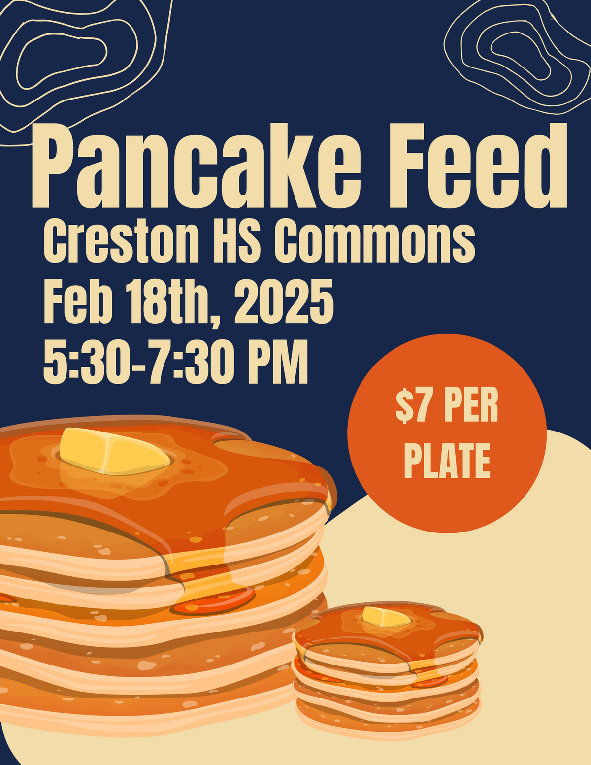 Flyer for the FFA Pancake Feed on February 18, 2025 5:30-7:30 PM in the high school commons, $7.00 Per plate
