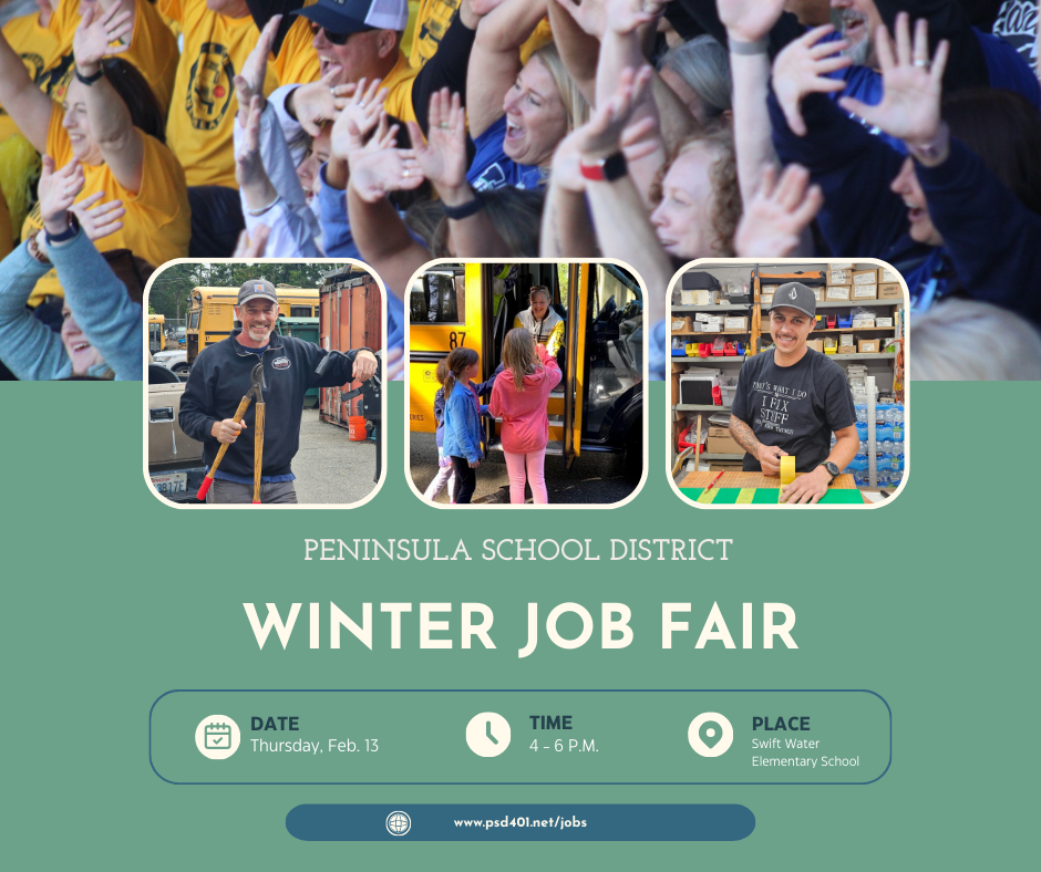 A flyer for a Peninsula School District Winter Job Fair, featuring photos of staff and students, with details about the date, time, and location.
