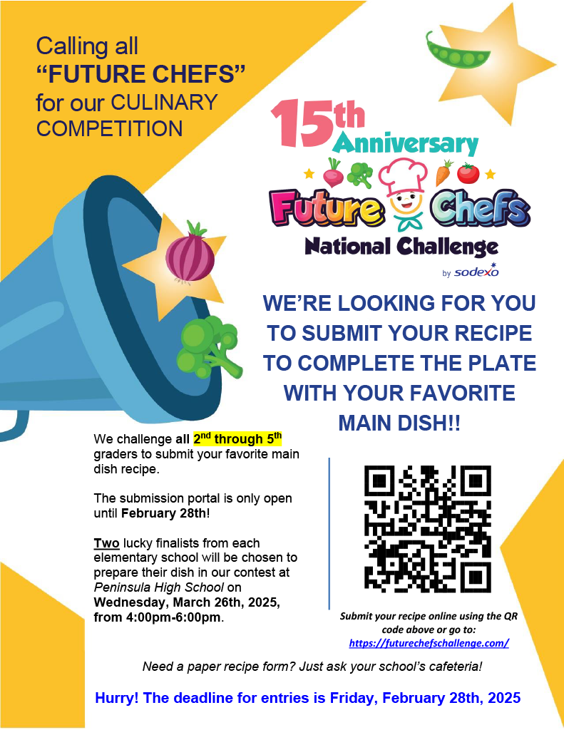 A colorful poster announces the 15th Anniversary Future Chefs National Challenge, inviting 2nd-5th graders to submit their favorite main dish recipes by February 28th.