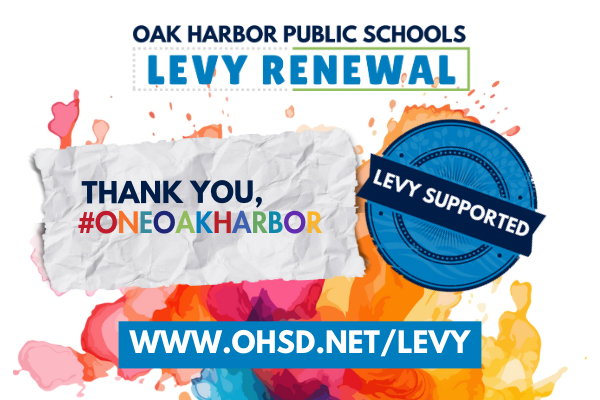 A graphic with colorful paint splatters, a crumpled paper note saying 'Thank You, #OneOakHarbor', and a blue seal that reads 'Levy Supported'.