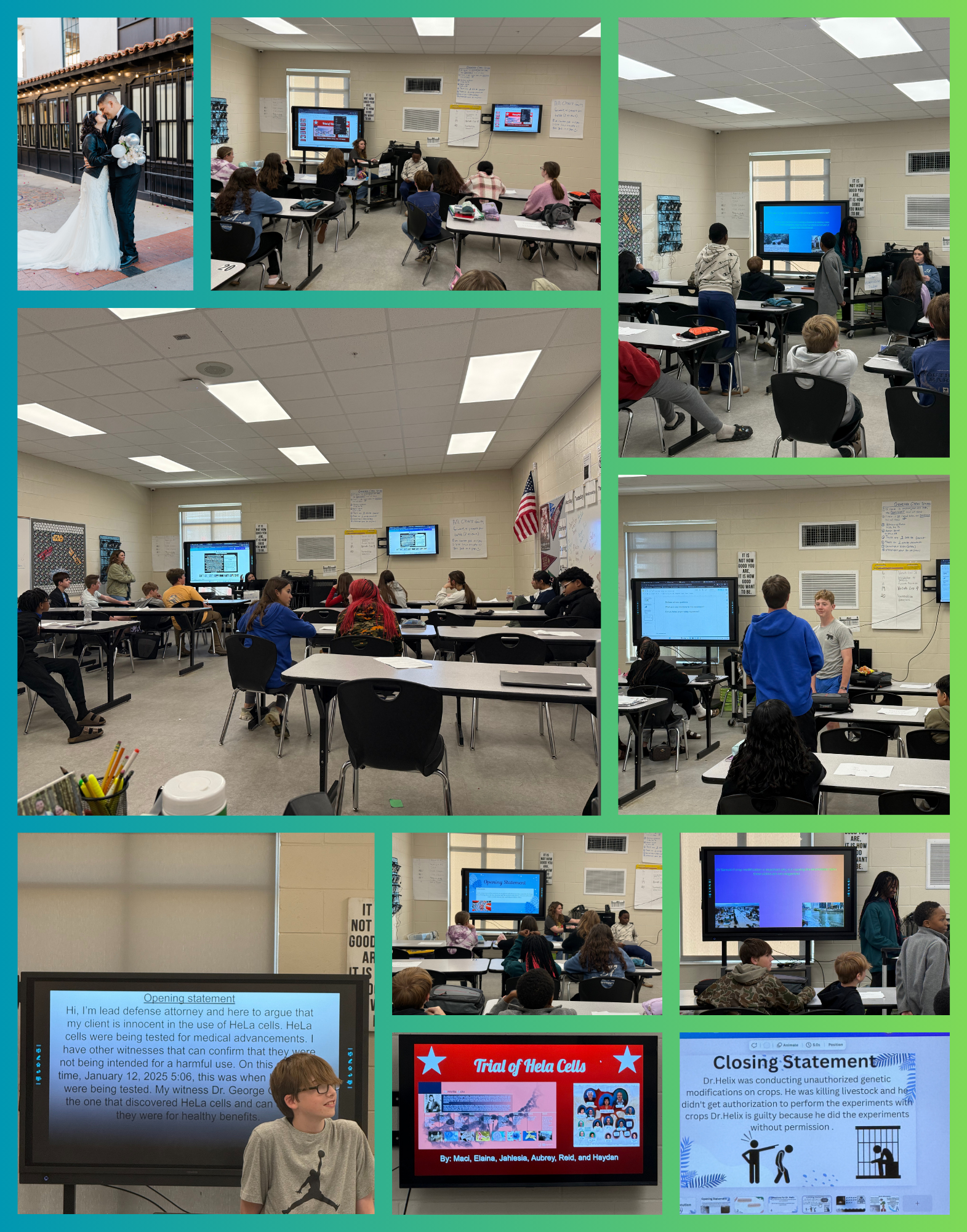 A collage of images showing a classroom setting with students participating in a mock trial about ethics in biotechnology.
