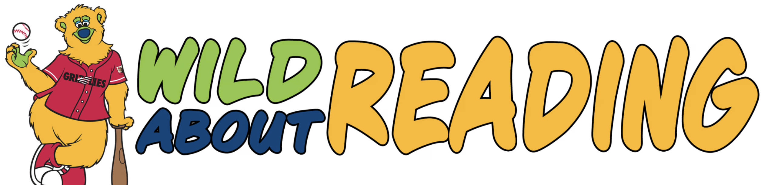A cartoon bear wearing a baseball uniform and holding a bat, with the text 'WILD ABOUT READING' behind it.