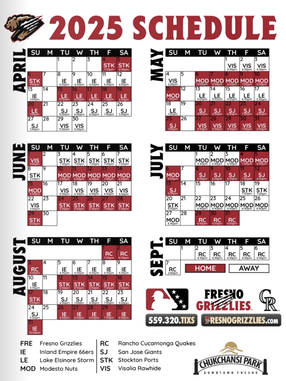 A 2025 schedule for the Fresno Grizzlies baseball team, showing home and away games throughout the season.
