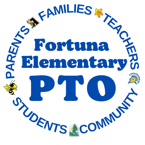 Fortuna Elementary School's Parent Teacher Organization (PTO) logo, featuring the words 'Families, Teachers, Students, Community' around a blue circle with the school's name and 'PTO' in bold.