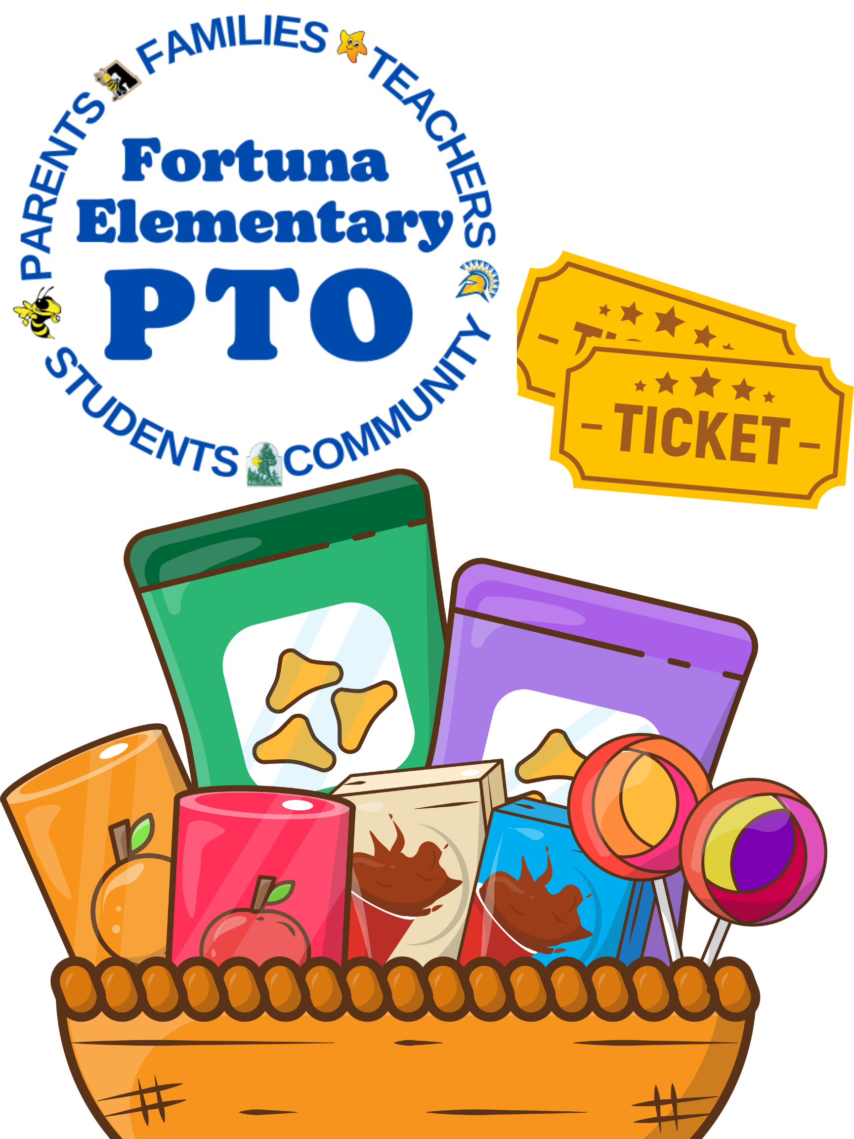 A basket filled with snacks and treats, including chips, candy, and fruit, with a Fortuna Elementary PTO logo and tickets.