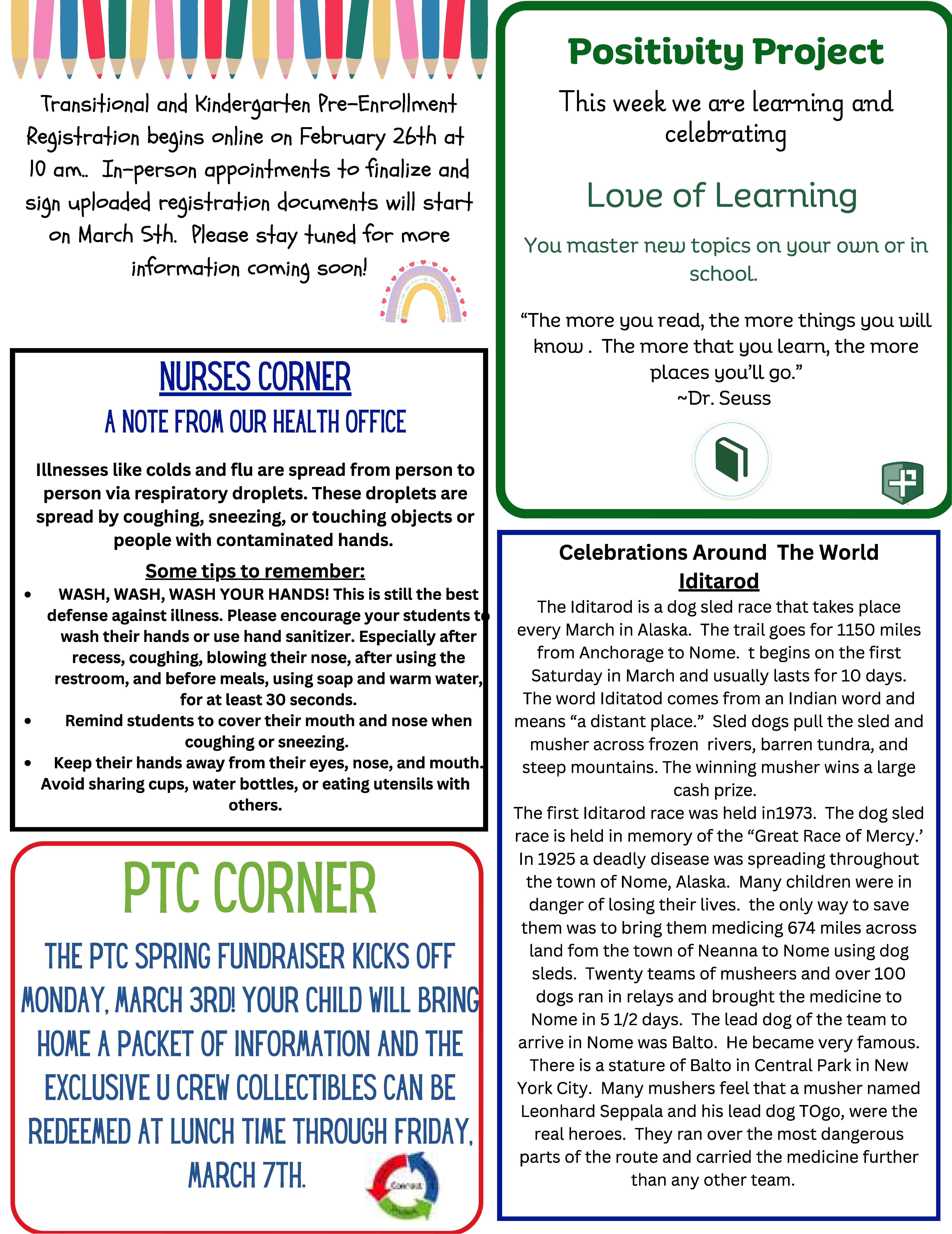 A school newsletter with information about upcoming events, including registration deadlines, health tips, and a fundraiser.