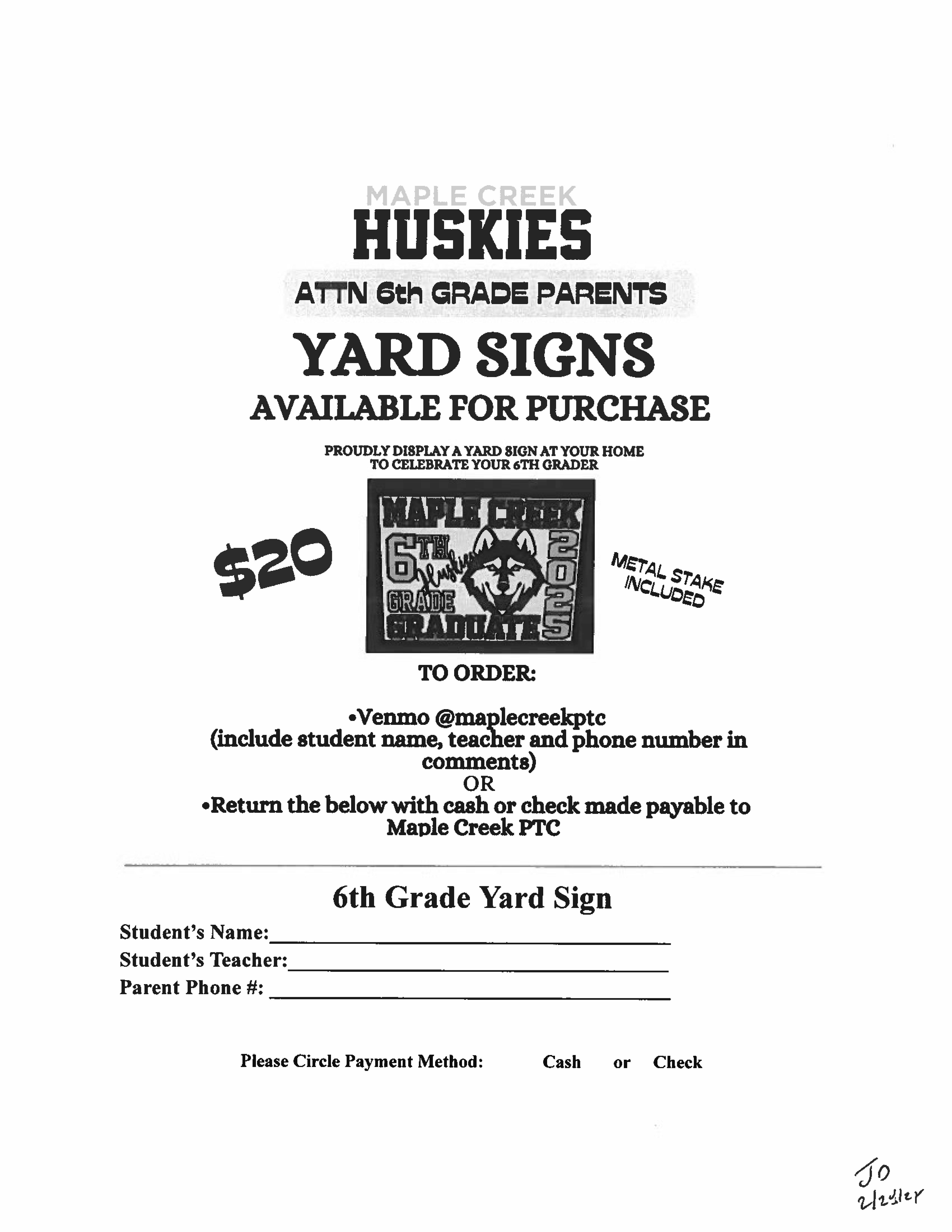A flyer for Maple Creek Huskies 6th grade yard signs, with a price of $20 and instructions for ordering.