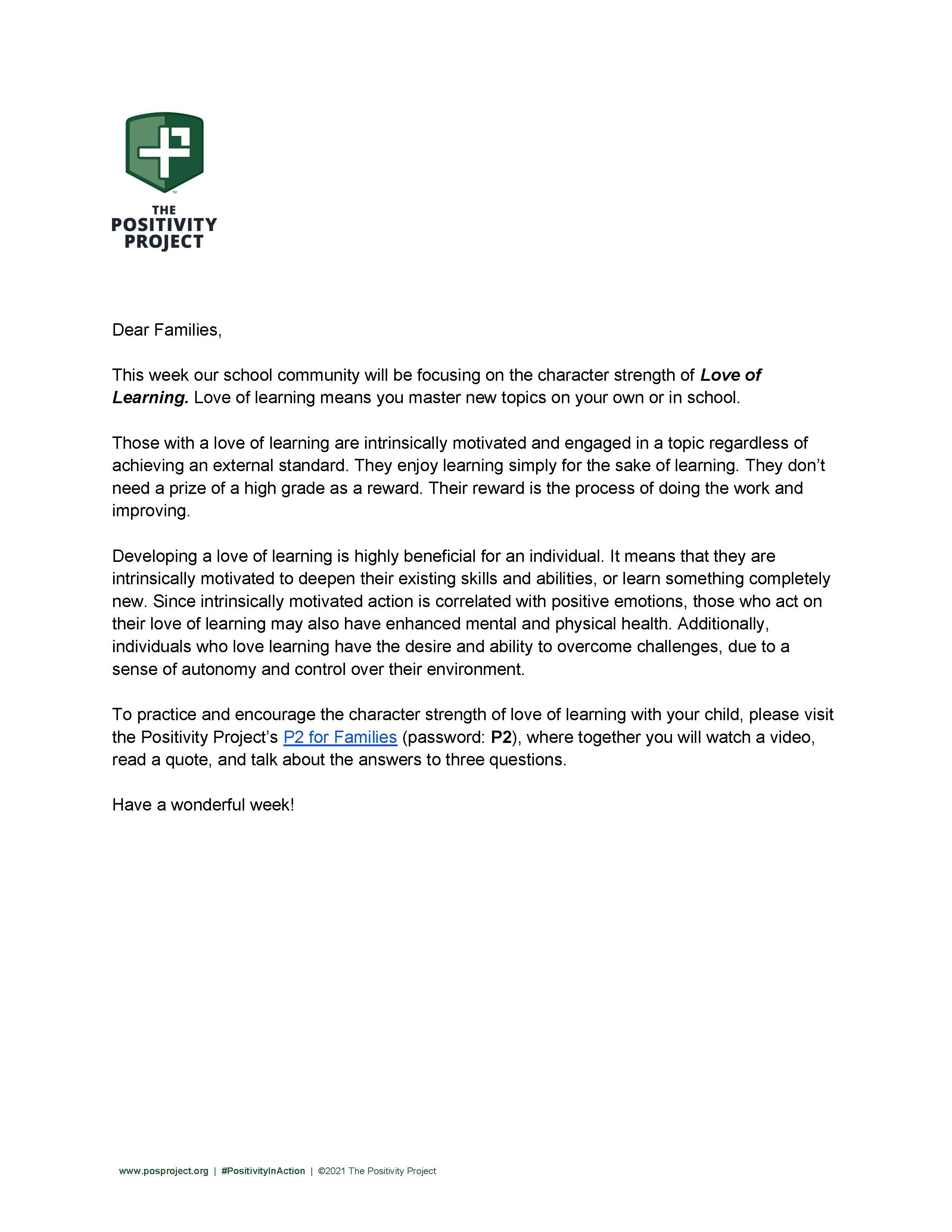 A letter to families from The Positivity Project, focusing on the character strength of Love of Learning.