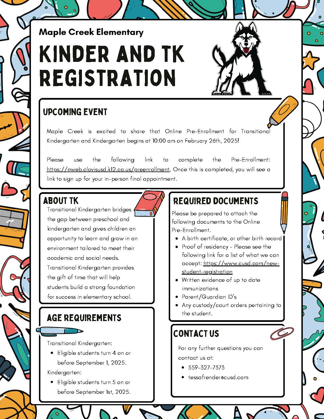 A flyer for kindergarten and transitional kindergarten registration at Maple Creek Elementary, featuring a cartoon husky.