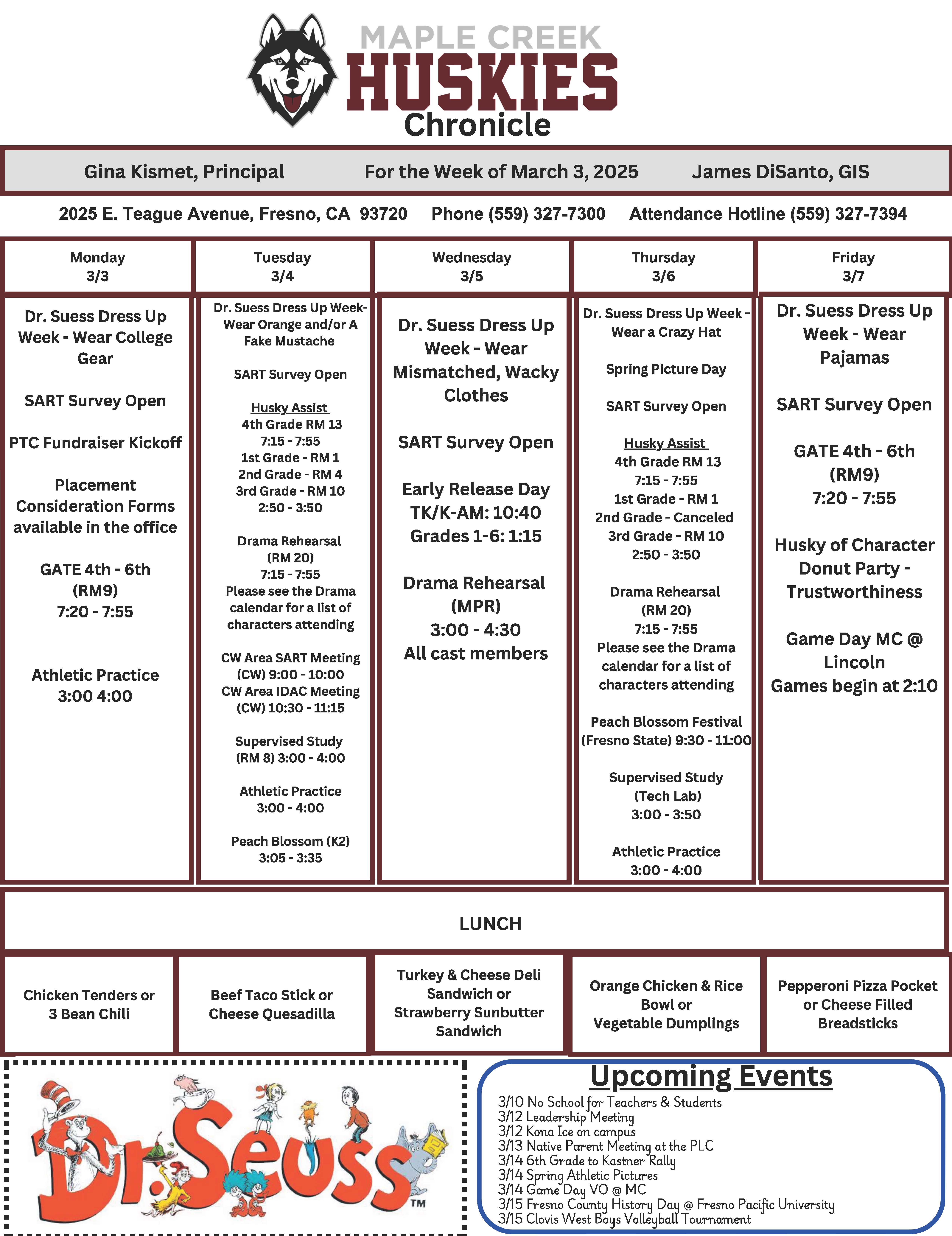 A weekly schedule for Maple Creek Huskies, including events, activities, and lunch options.
