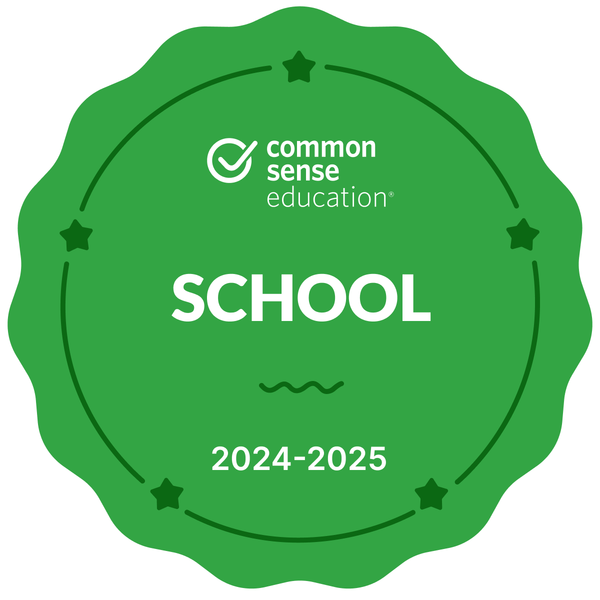 A green circular seal with the text 'common sense education' and 'SCHOOL' in white, surrounded by stars and the year '2024-2025'.