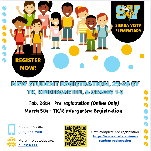 A colorful flyer for new student registration at Sierra Vista Elementary, featuring illustrations of children and the school logo.