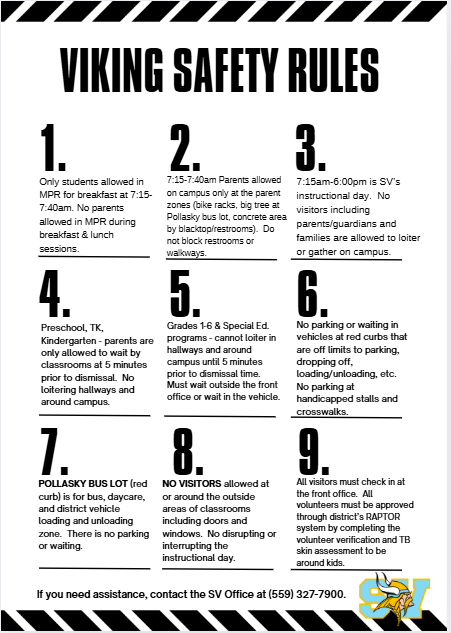 A list of safety rules for students, parents, and visitors at a school, with specific times and locations for each group.
