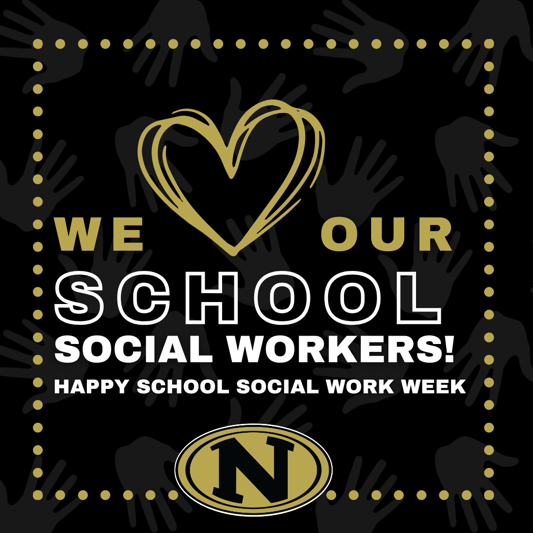 A graphic with a heart and the text 'We love our school social workers!' with a black background and gold handprints.