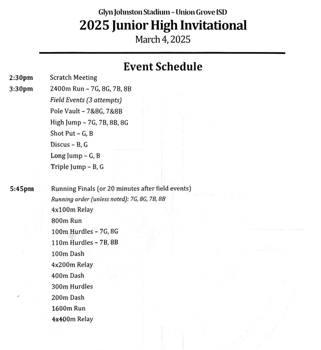 JH Track Event Schedule