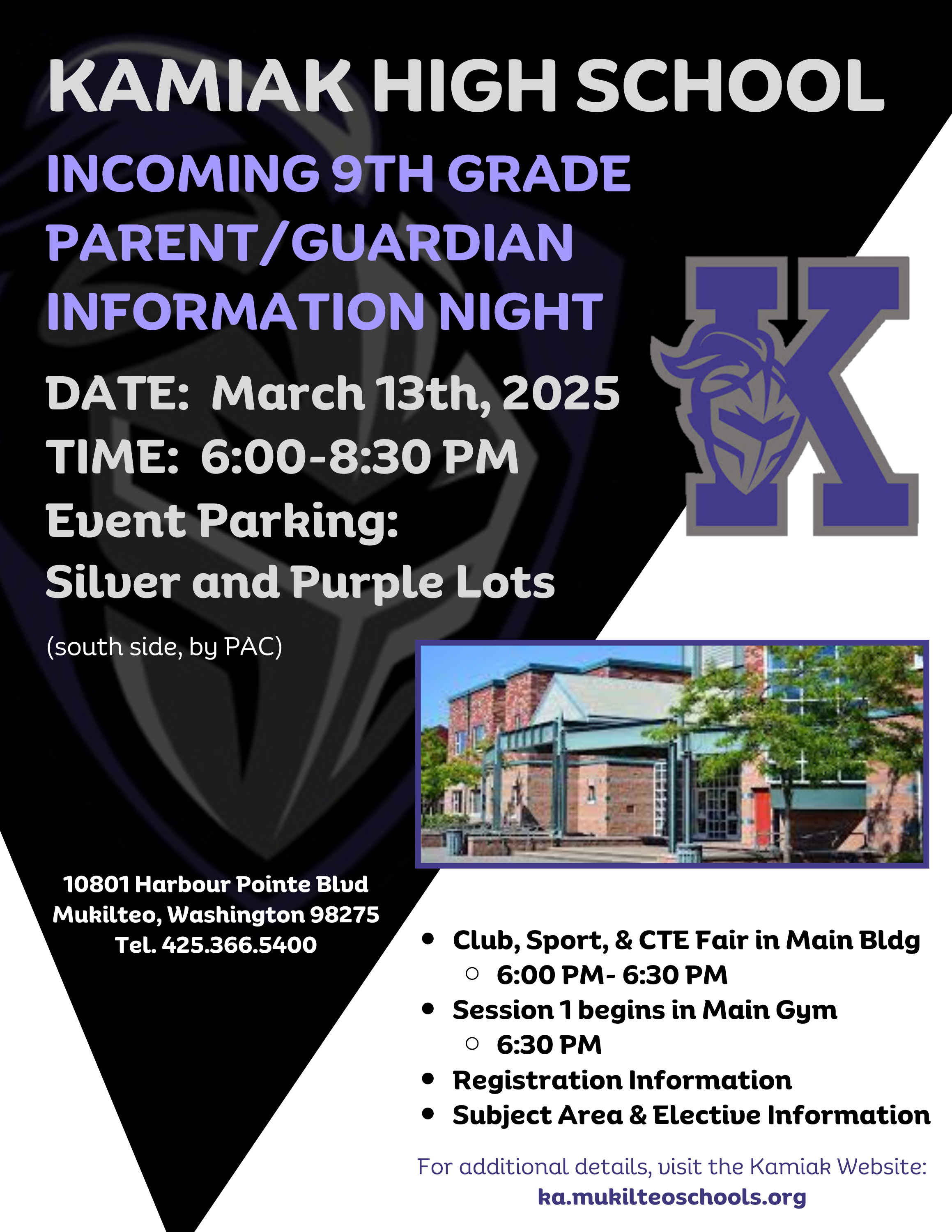 A flyer for Kamiak High School's Incoming 9th Grade Parent/Guardian Information Night on March 13th, 2025, from 6:00-8:30 PM.
