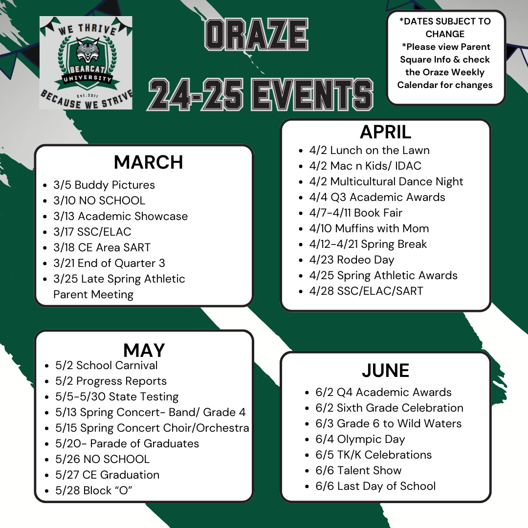 A green and white poster lists school events for the 2024-2025 school year at Bearcat University.