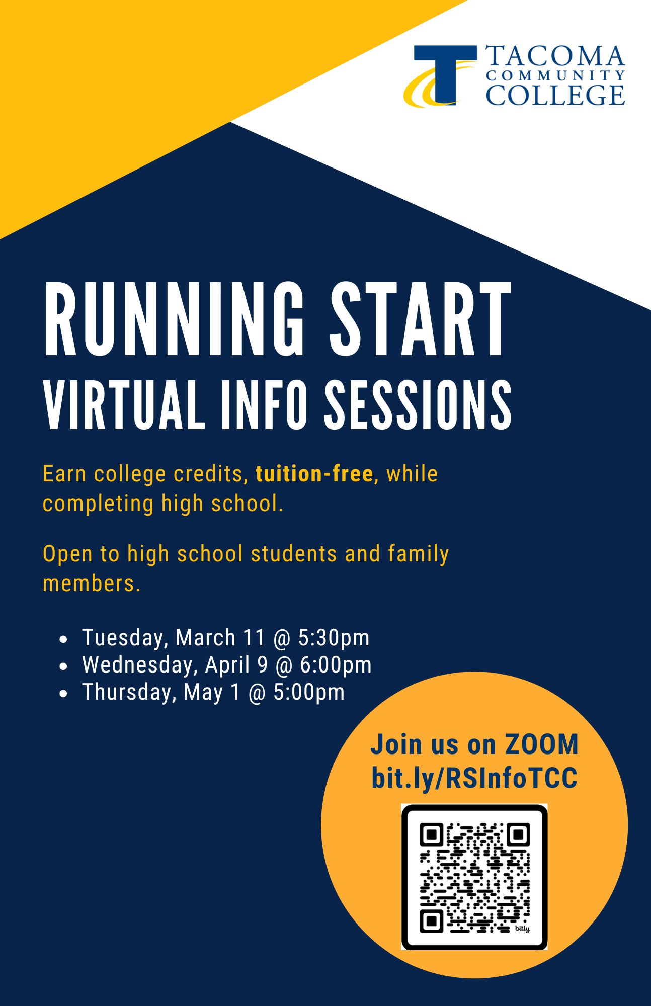 A flyer for Tacoma Community College's Running Start program, offering virtual info sessions for high school students to earn college credits tuition-free.