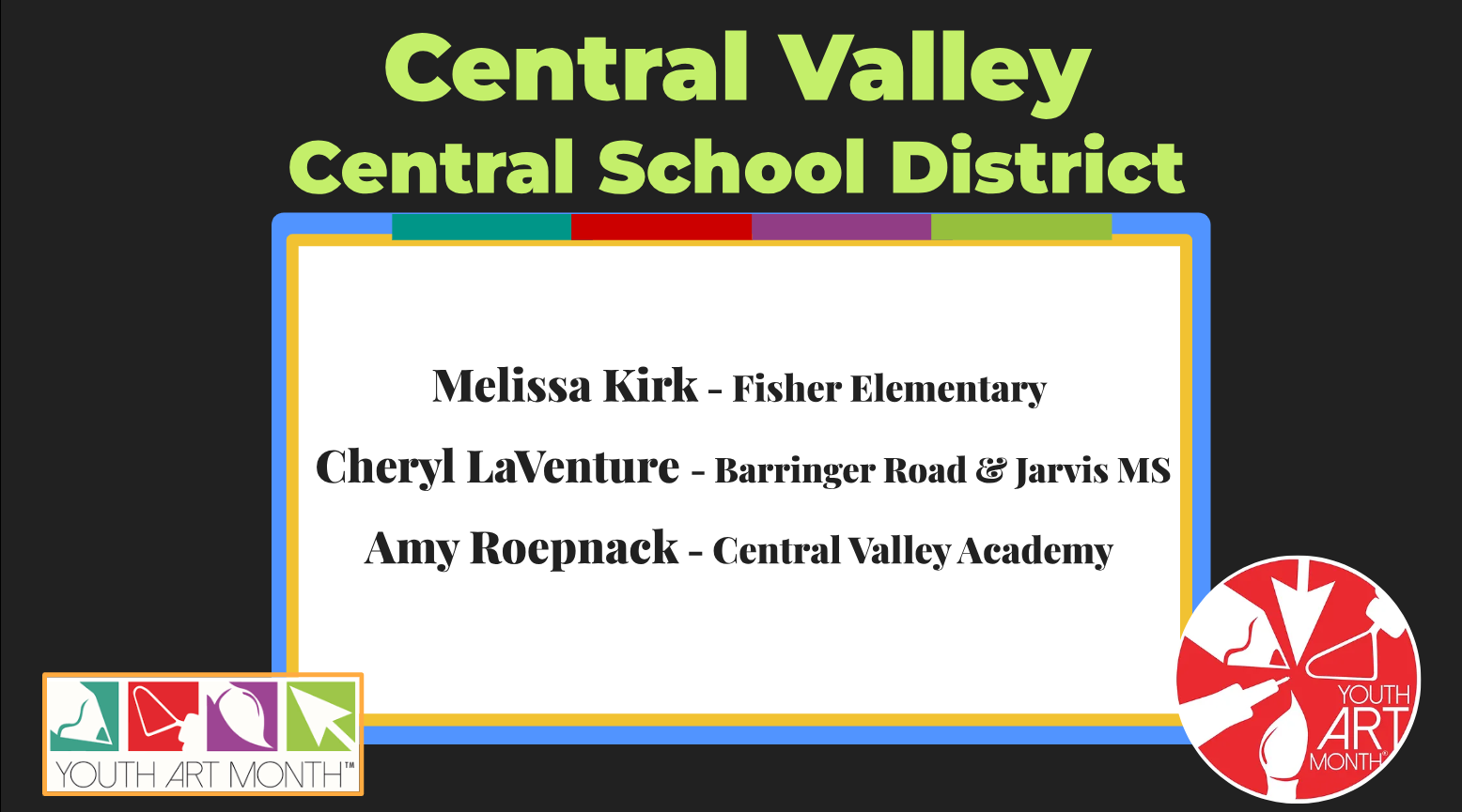 Opening slide - Teacher names and school where they work, art month logos that include a pencil, pen, paintbrush, clay tool, cursor