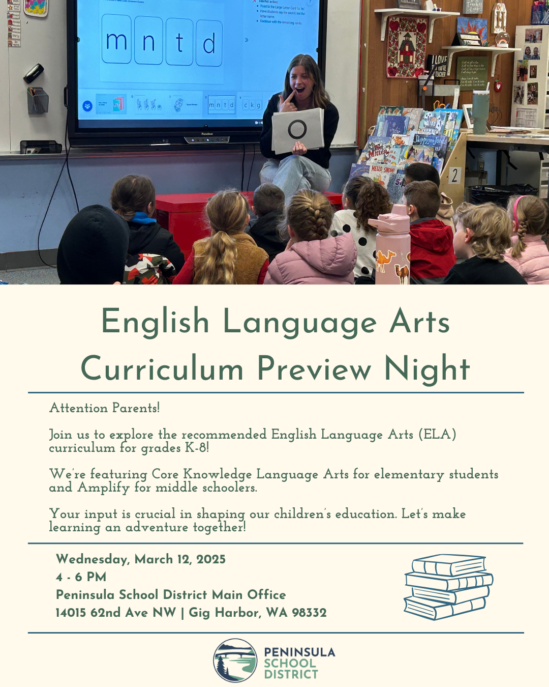 A teacher presents a letter 'O' to a group of elementary students during an English Language Arts curriculum preview night.