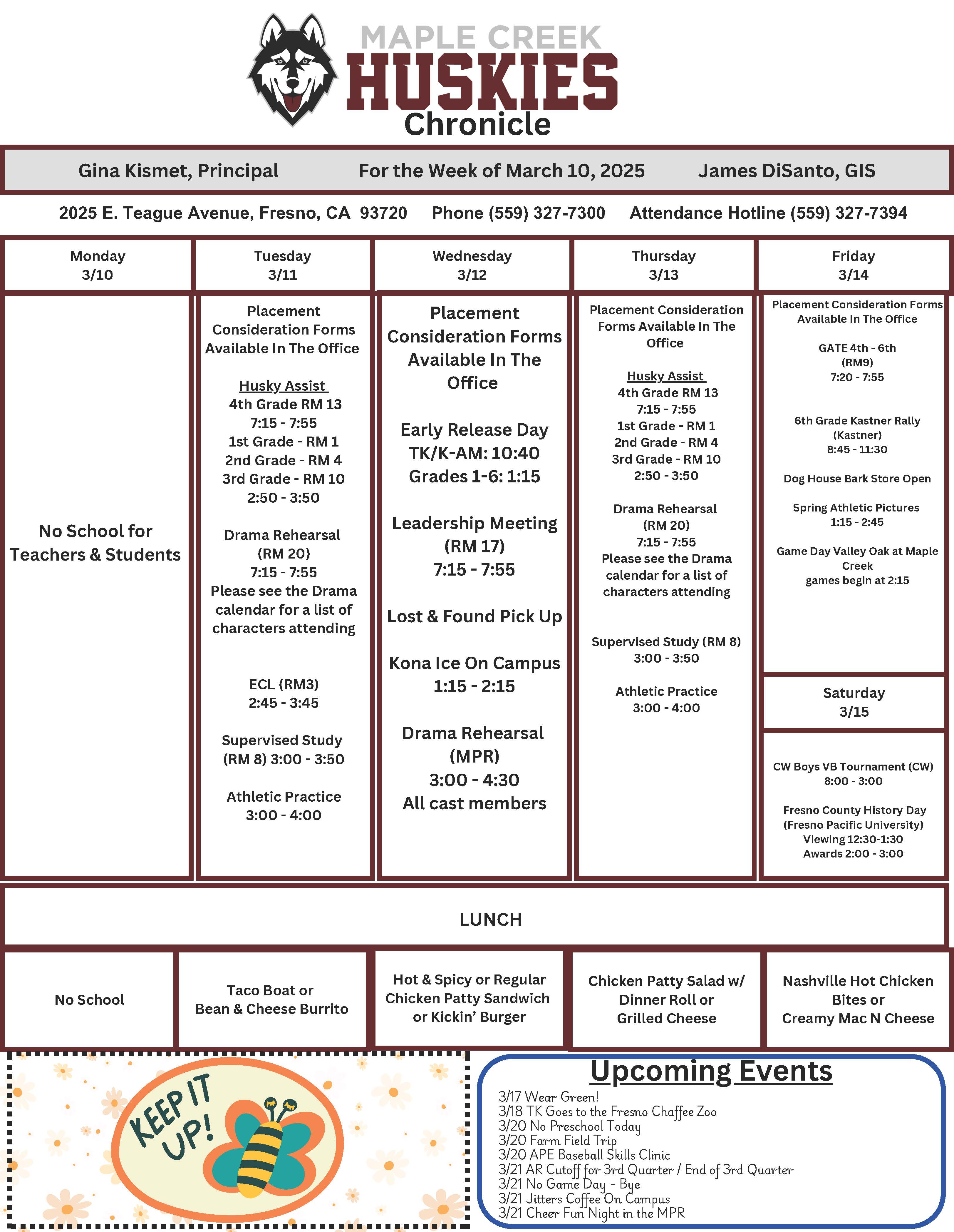 A weekly schedule for Maple Creek Huskies, including school events, activities, and lunch menu.