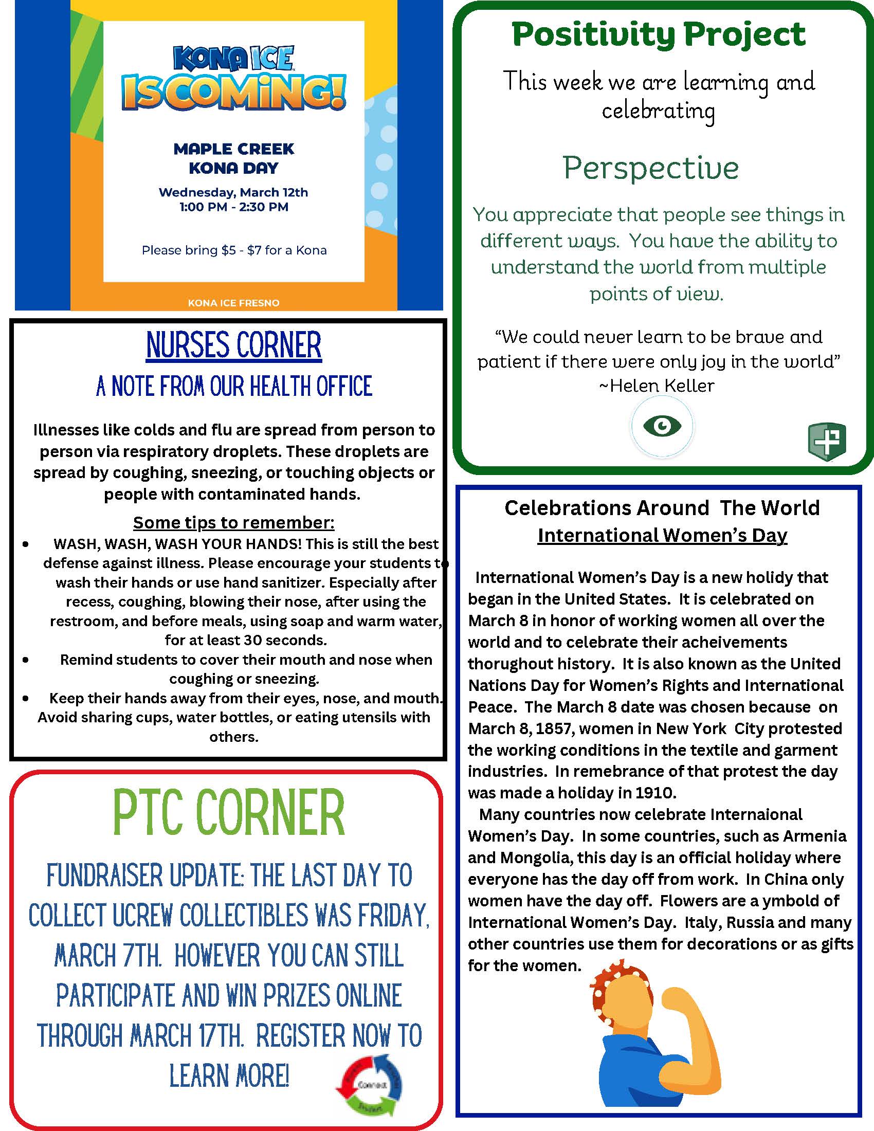 A bulletin board with information about Kona Ice, a health office note, and a fundraiser update.