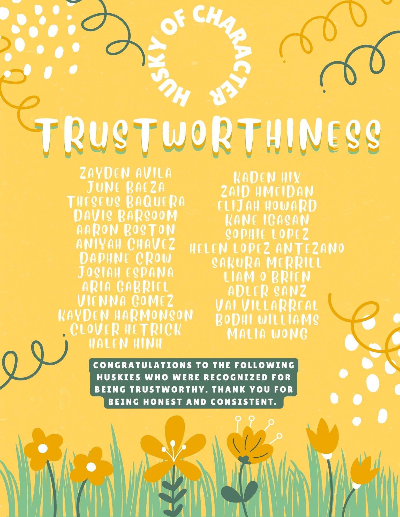 A yellow poster with green and white accents recognizes students for trustworthiness, honesty, and consistency.