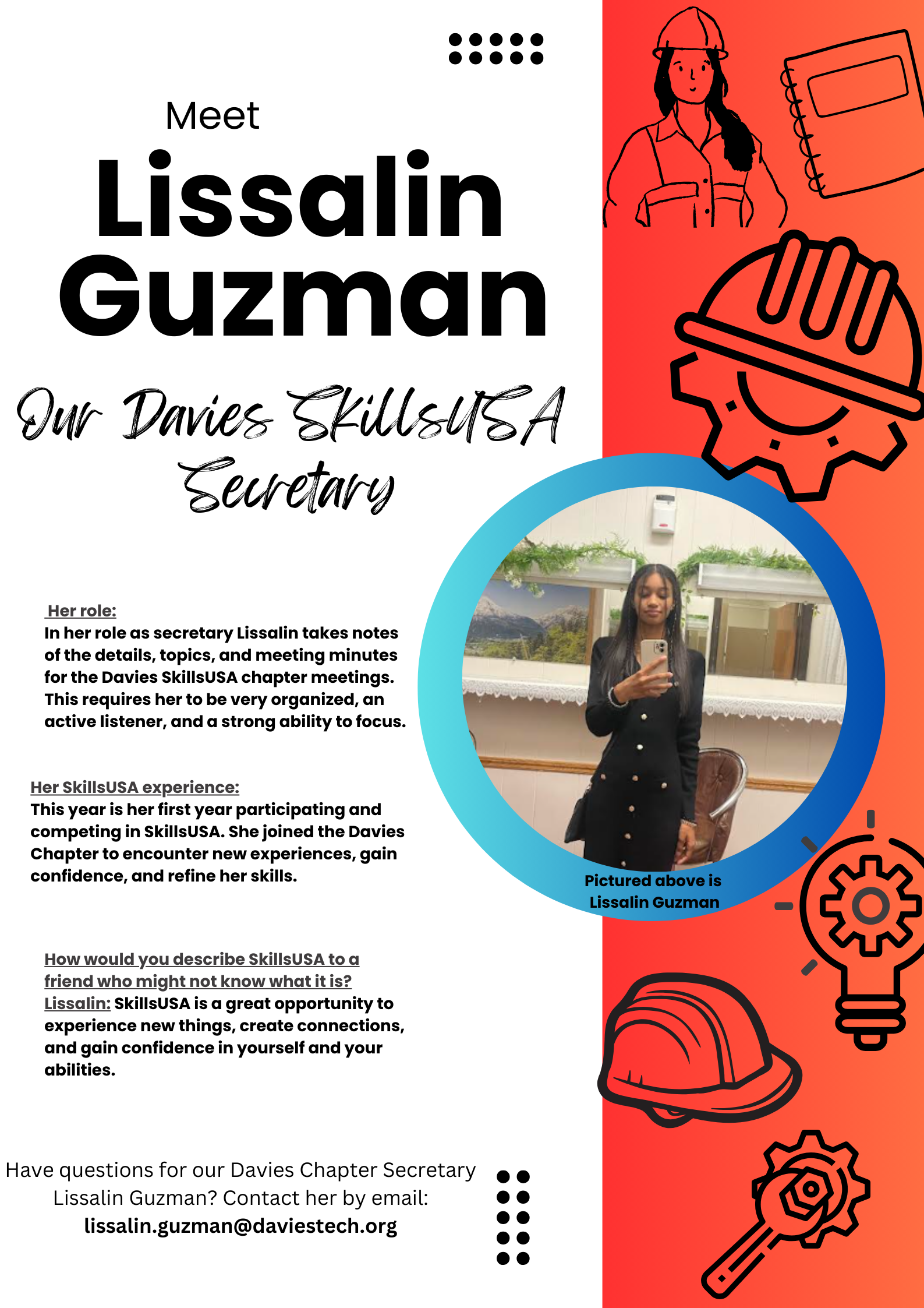 Lissalin is pictured taking a mirror selfie wearing a black dress with gold buttons. Her hair is long and straight. Please see info below the picture