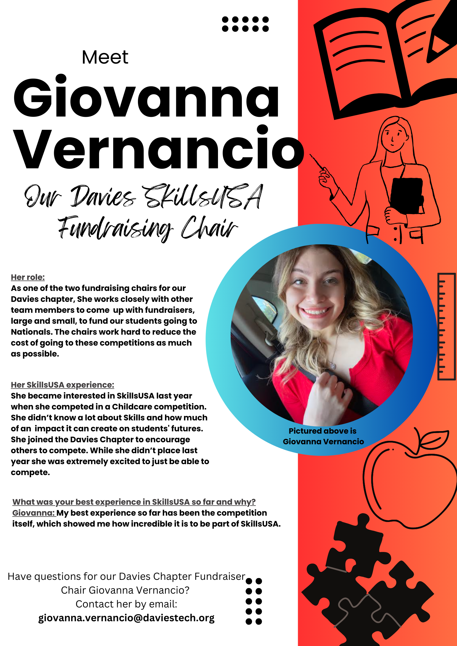 Giovanna is pictured in a car wearing a bright red top with her brown hair down on her shoulders. Please see info underneath picture