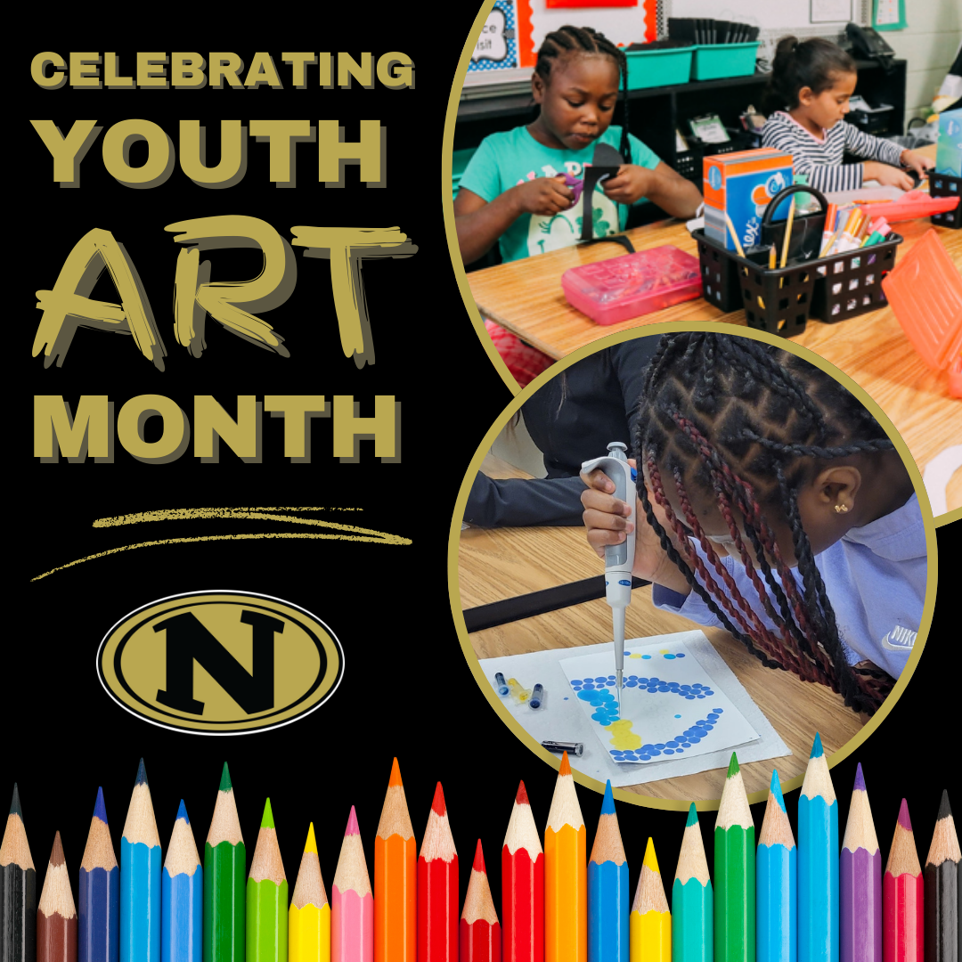 A colorful graphic celebrating Youth Art Month with images of students engaged in art projects.
