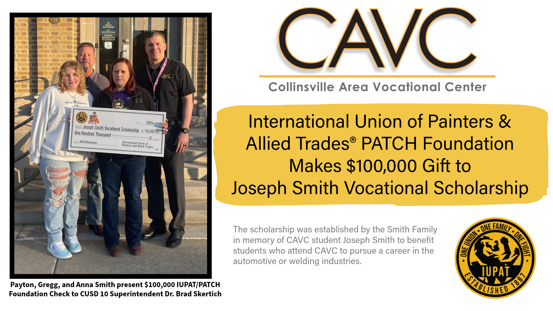 A family presents a $100,000 check to the Collinsville Area Vocational Center (CAVC) for the Joseph Smith Vocational Scholarship.