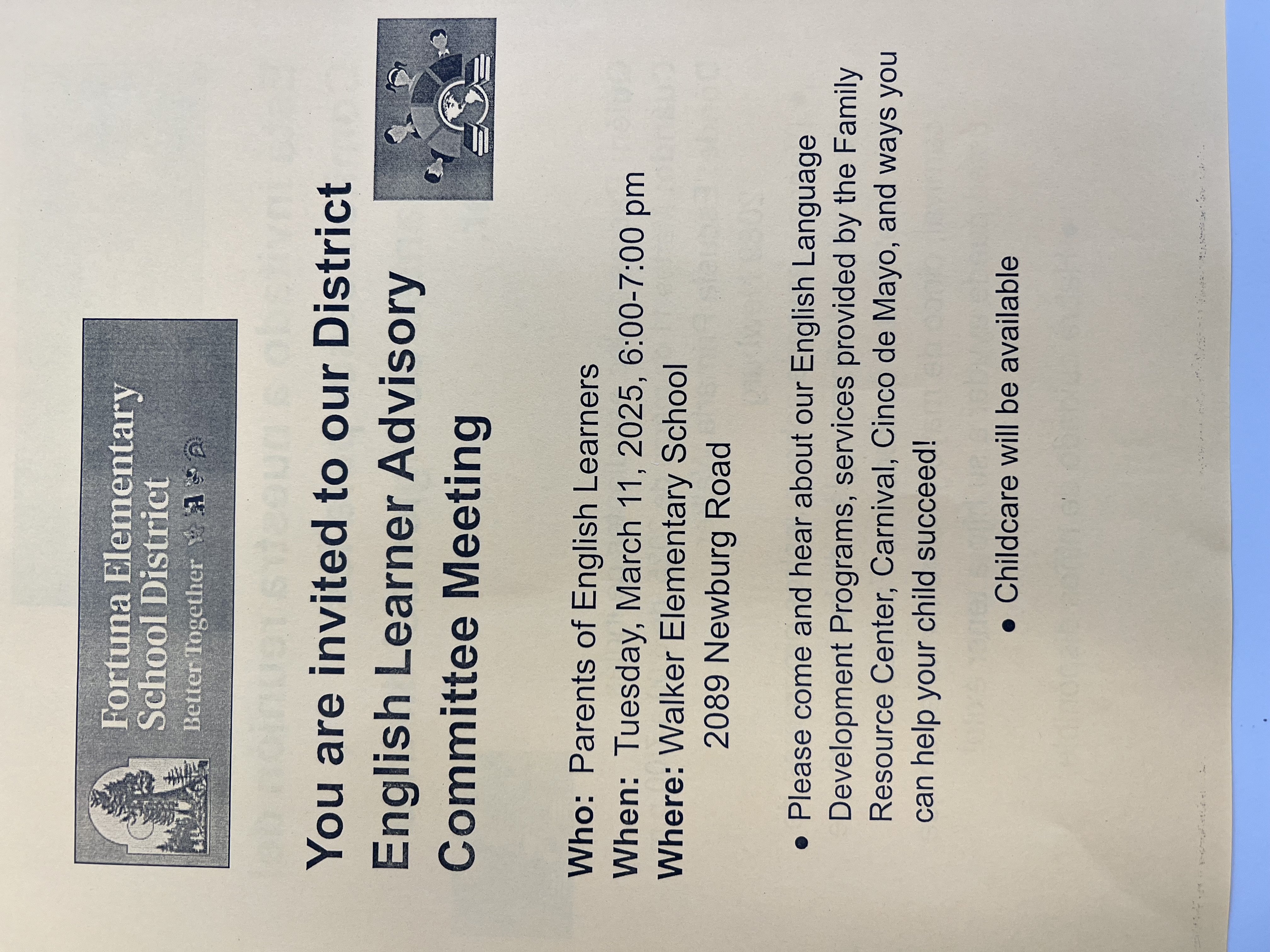 A flyer inviting parents of English learners to a meeting at Walker Elementary School on March 11, 2025.