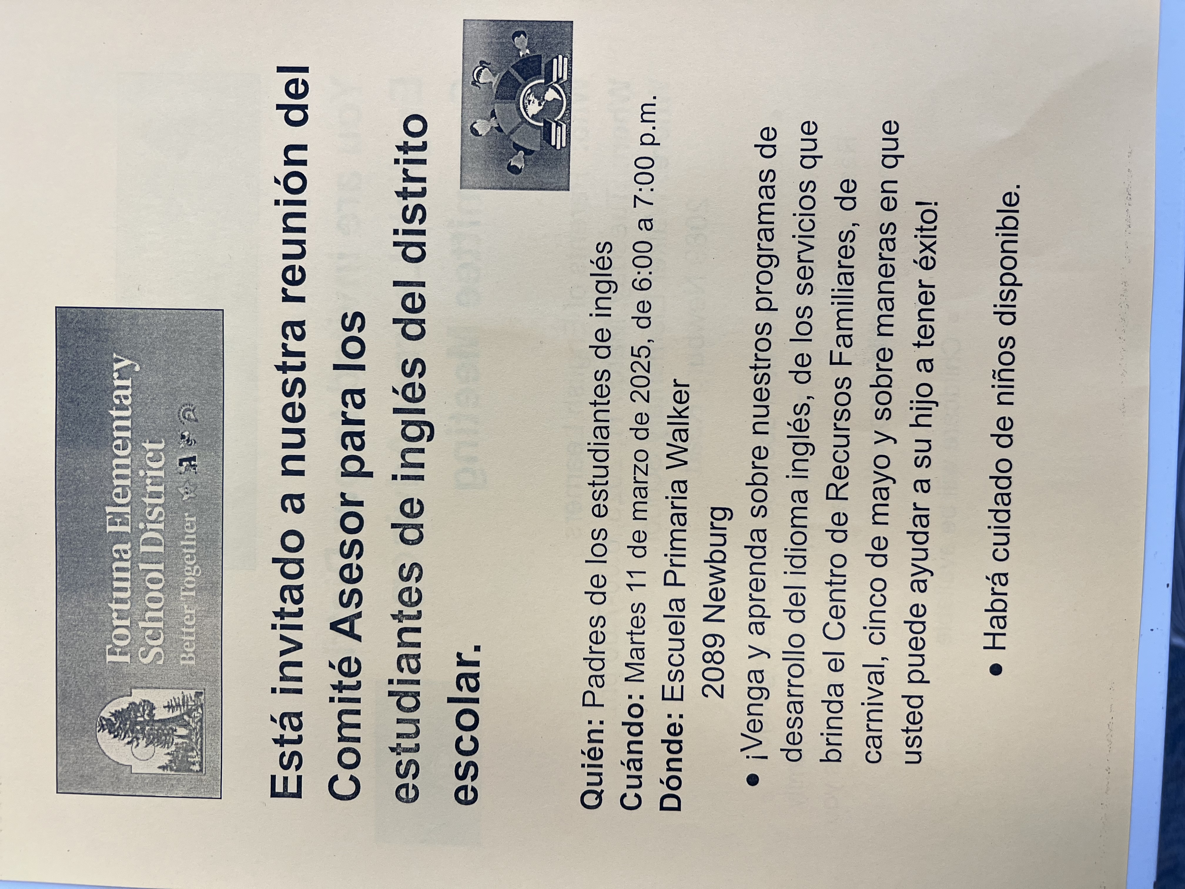 A flyer announcing a meeting for parents of English language learners at Fortuna Elementary School District.