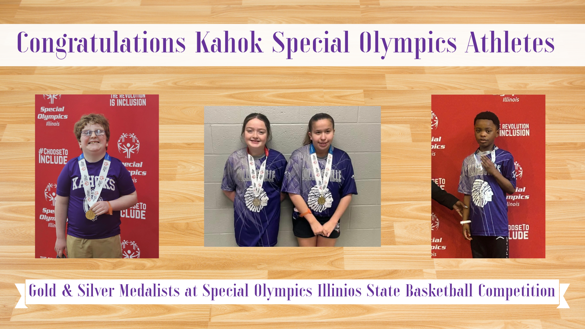 Three athletes from Kahok Special Olympics proudly display their gold and silver medals after competing in the Illinois State Basketball Competition.