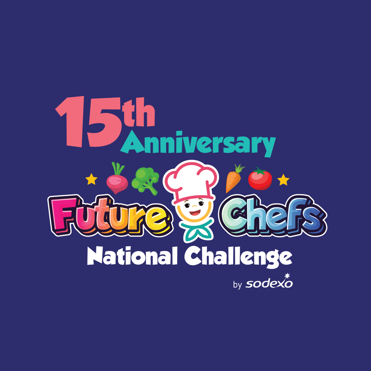 A colorful logo for the 15th anniversary of the Future Chefs National Challenge, sponsored by Sodexo.