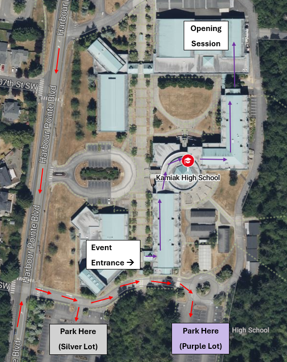 An aerial map showing directions to Kamiak High School, with parking options in the Silver and Purple lots, and an event entrance.