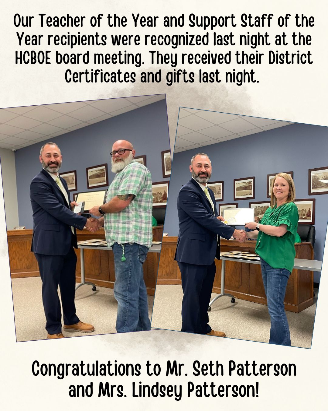 Two educators, Mr. Seth Patterson and Mrs. Lindsey Patterson, are being recognized for their achievements as Teacher of the Year and Support Staff of the Year.