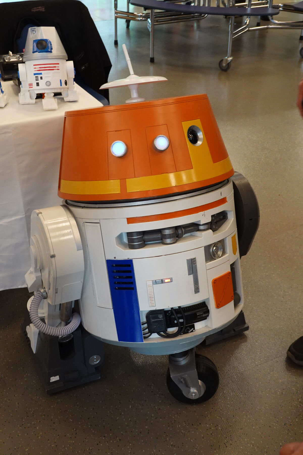 A white and orange robot with a dome-shaped head and a white antenna.