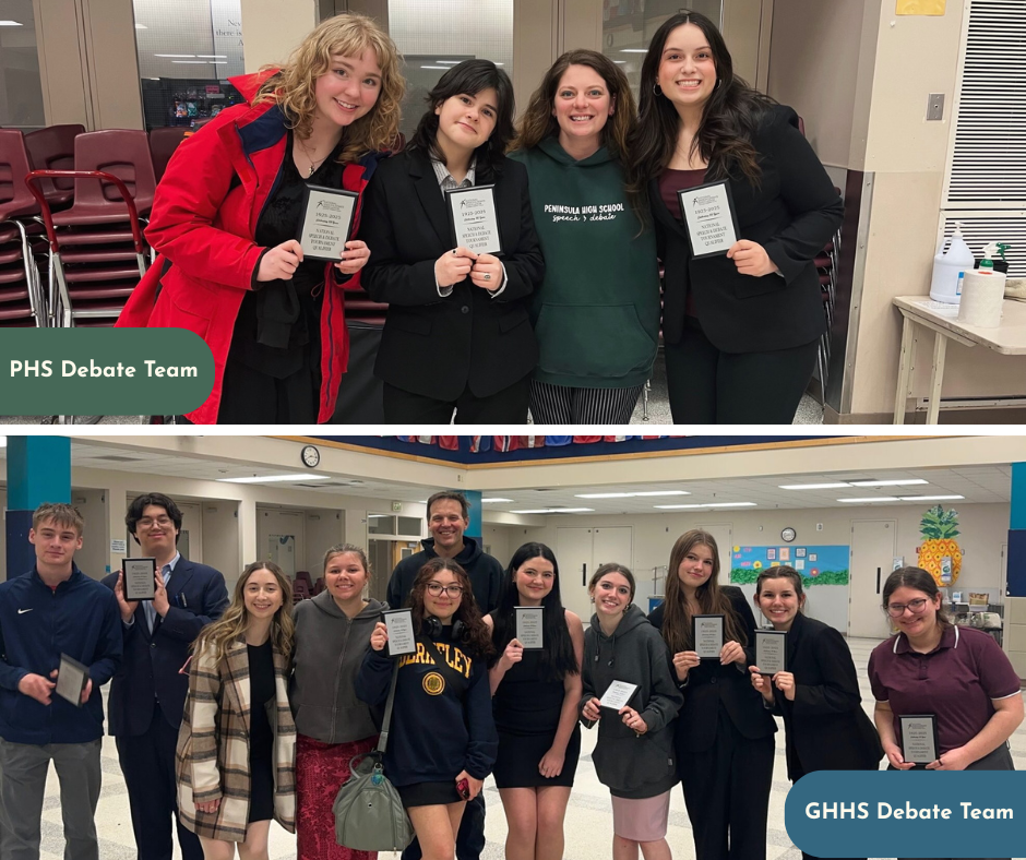Two debate teams, PHS and GHHS, pose for a photo holding awards.
