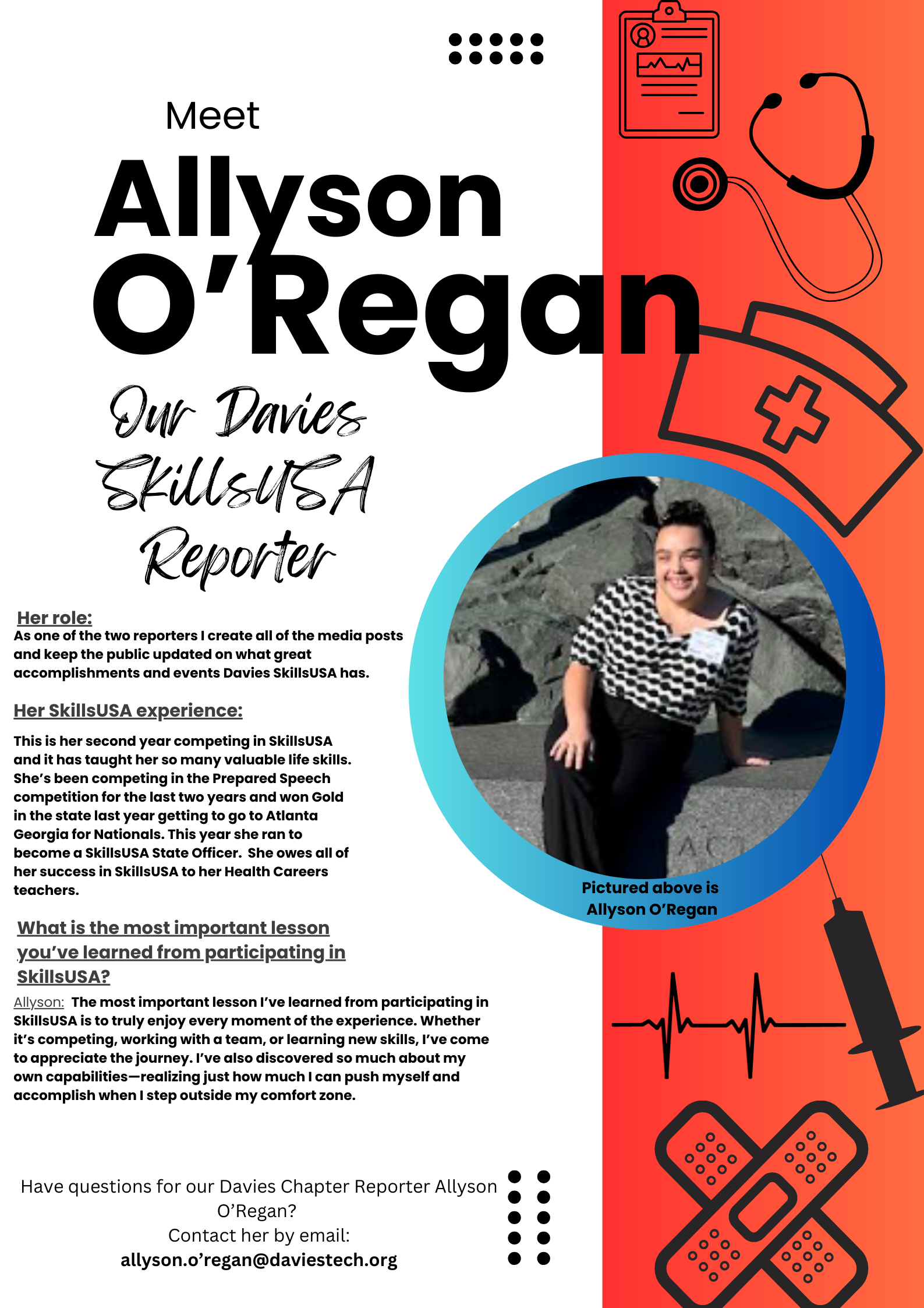 Meet Allyson O'Regan, the Davies SkillsUSA Reporter. She is pictured wearing a white and black dress shirt and black dress pants. She is sitting on a rock. See information below picture to learn more.