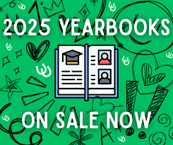 A green background with a yearbook illustration, text that reads '2025 Yearbooks On Sale Now' and decorative doodles.