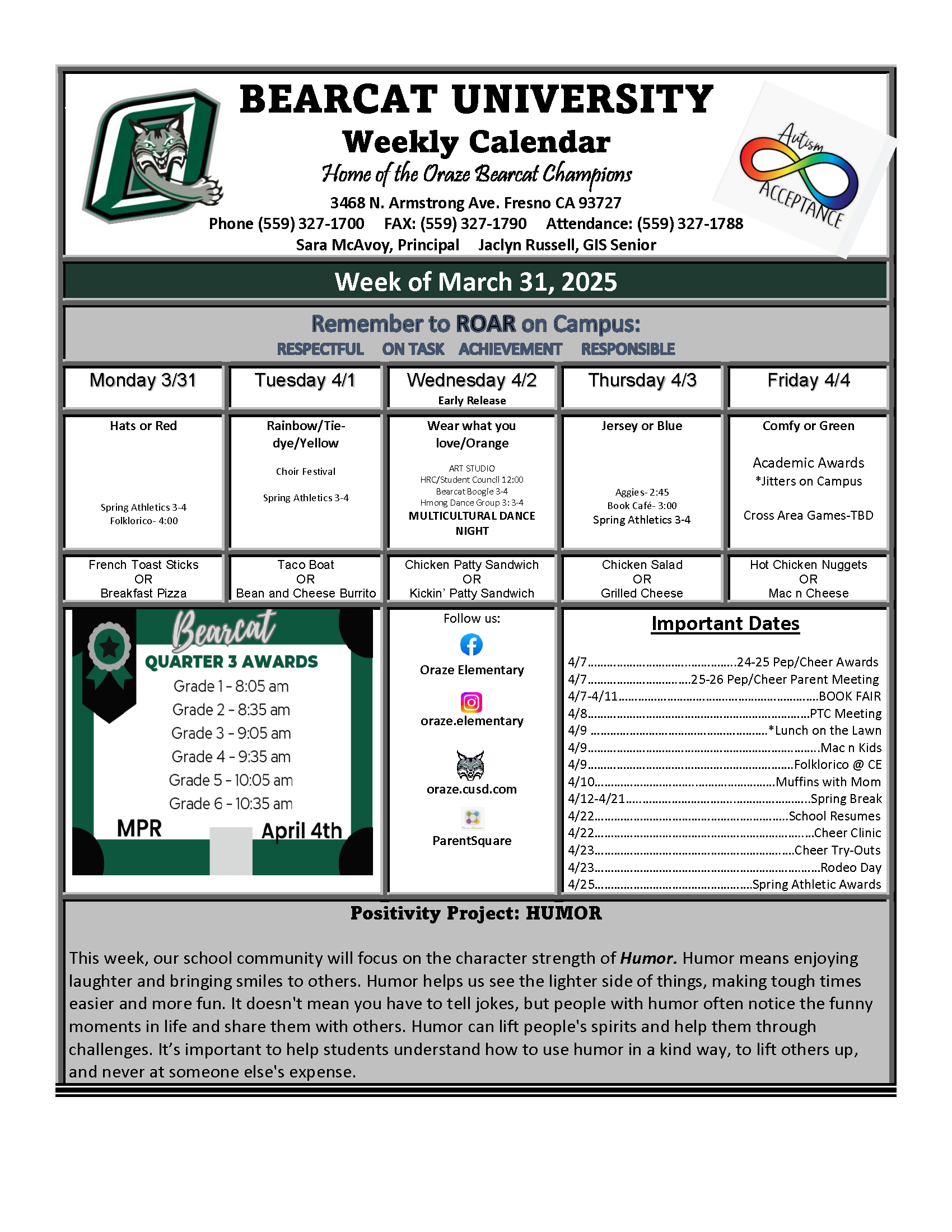 A weekly calendar for Bearcat University, with a focus on the character strength of humor.