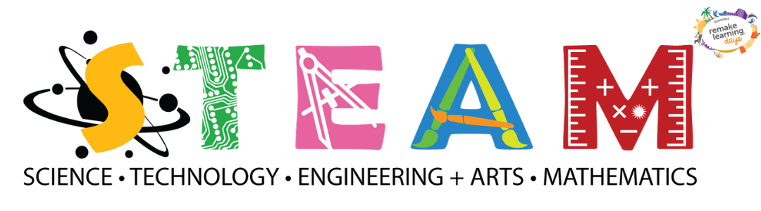 A colorful graphic spelling out STEAM, representing Science, Technology, Engineering, Arts, and Mathematics.