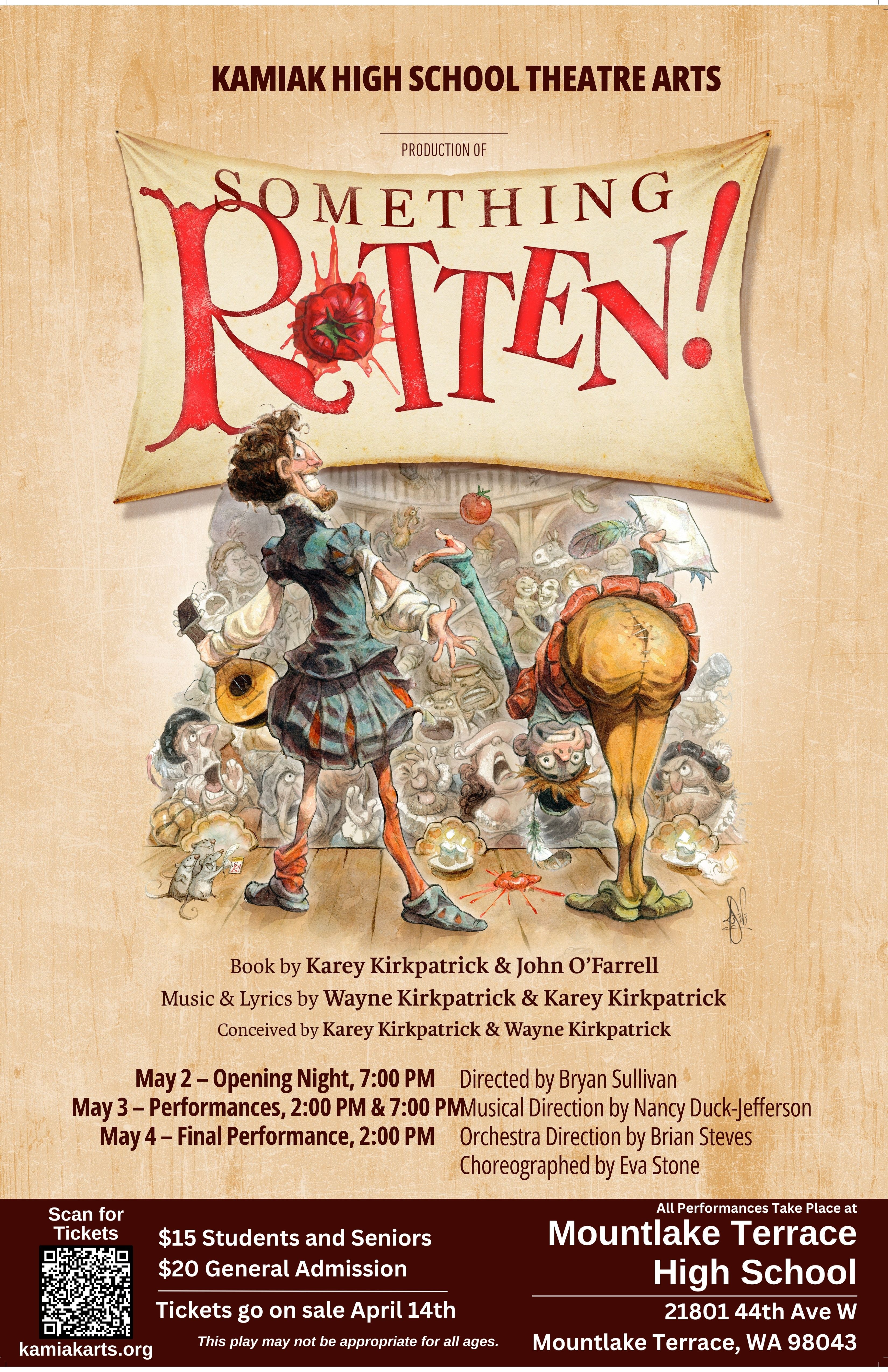 A poster for a high school production of "Something Rotten!" with a cartoon illustration
