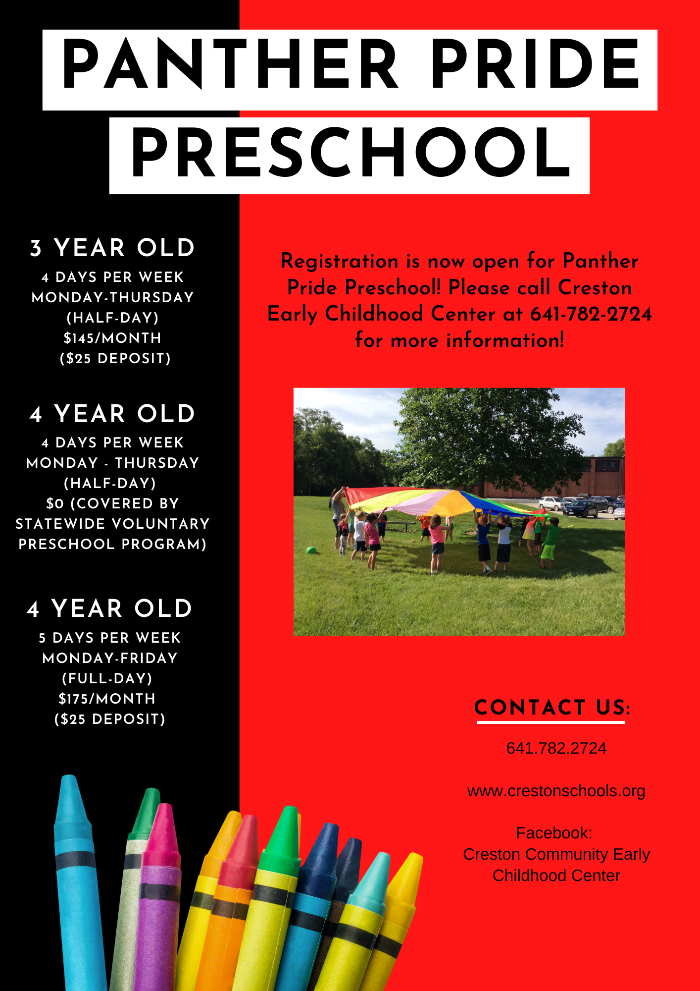 A flyer for Panther Pride Preschool, with information about registration, pricing, and contact details.