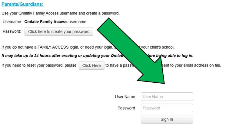A screenshot of a webpage with instructions for parents and guardians to create a Qmlativ Family Access account, including a username and password.