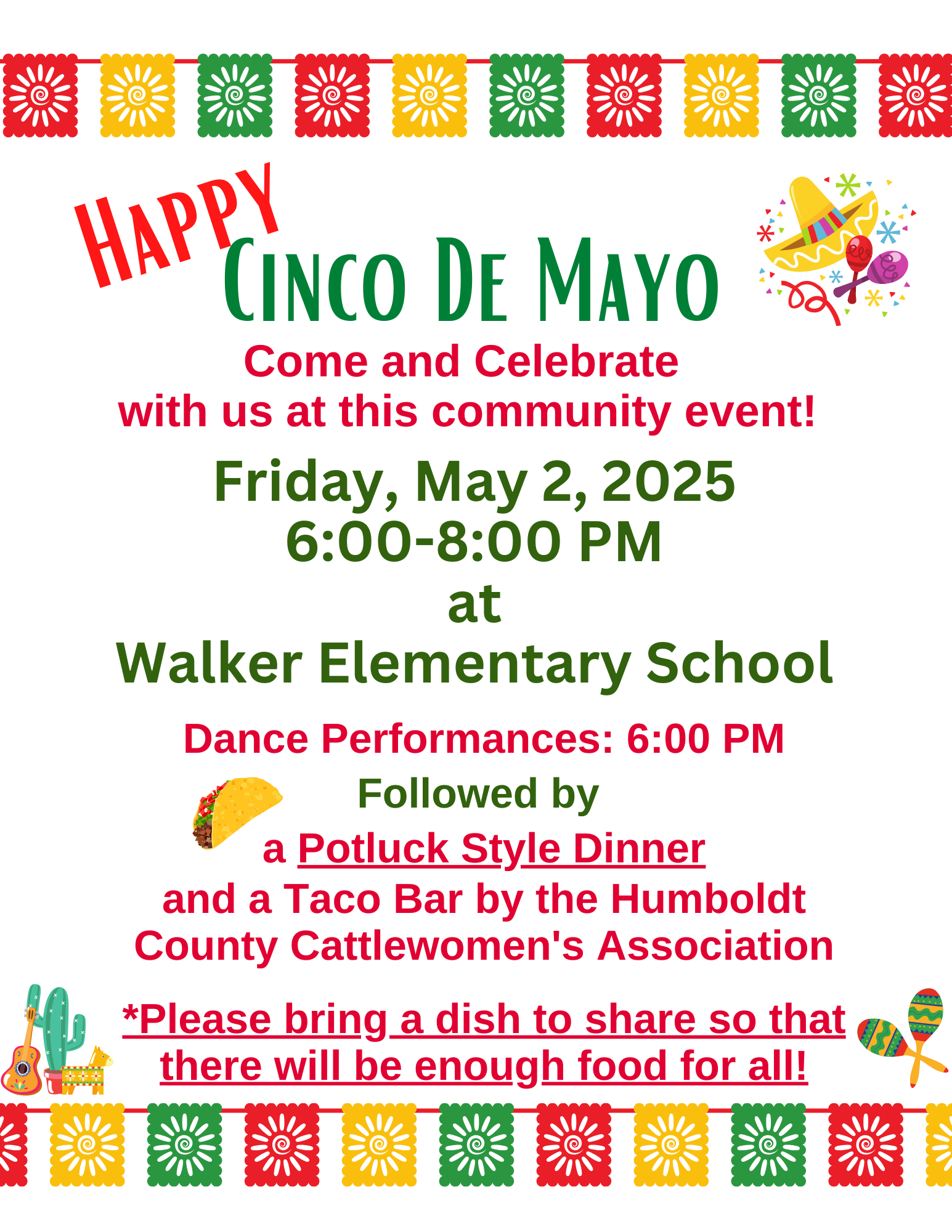 A colorful invitation to a Cinco de Mayo community event at Walker Elementary School on Friday, May 2, 2025, from 6:00-8:00 PM. The event includes dance performances, a potluck dinner, and a taco bar.