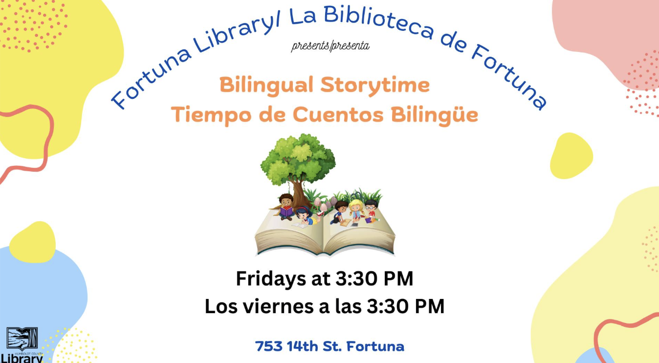 A colorful flyer announcing Bilingual Storytime at the Fortuna Library, featuring an illustration of children reading on a giant book.